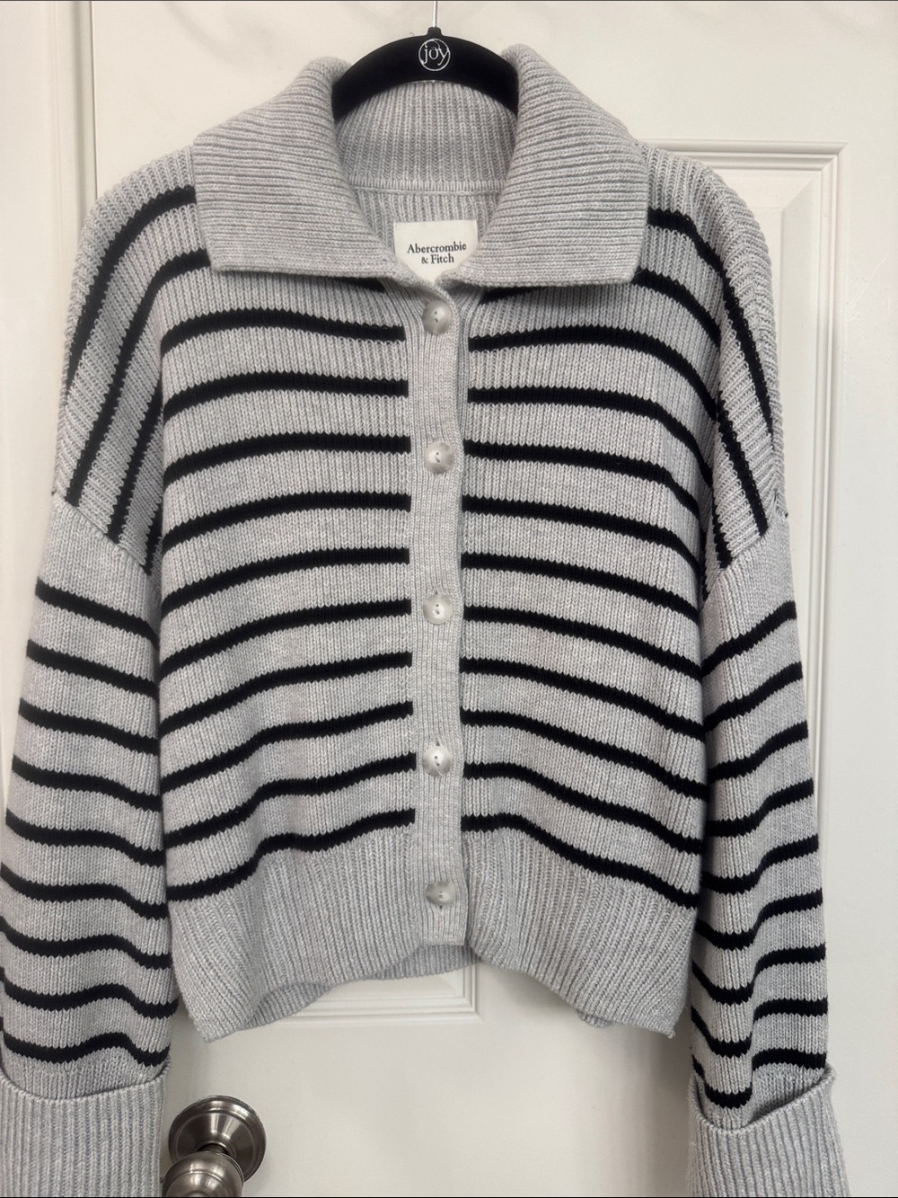 Abercrombie & Fitch Light Gray and Black Striped Button-Front Cardigan